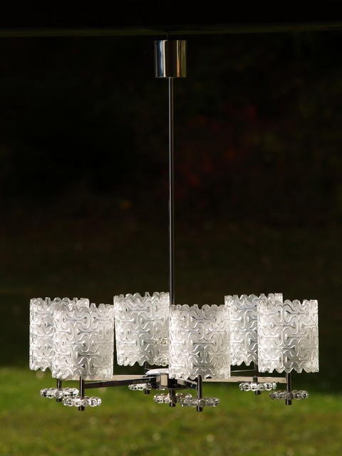 Kronleuchter 60er 70er-Jahre Kalmar Chrom Glas Hängelampe Retro Original