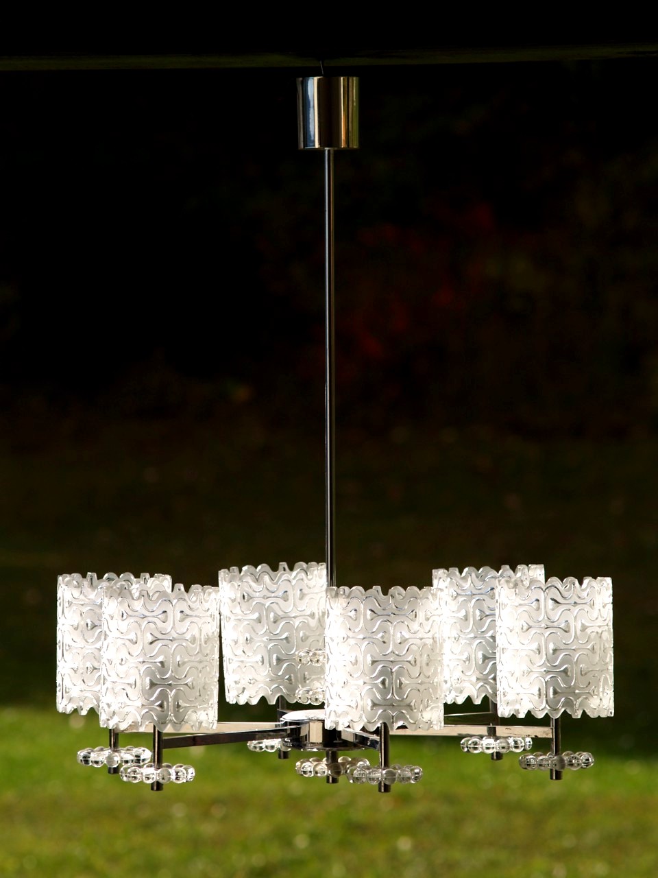 Kronleuchter 60er 70er-Jahre Kalmar Chrom Glas Hängelampe Retro Original