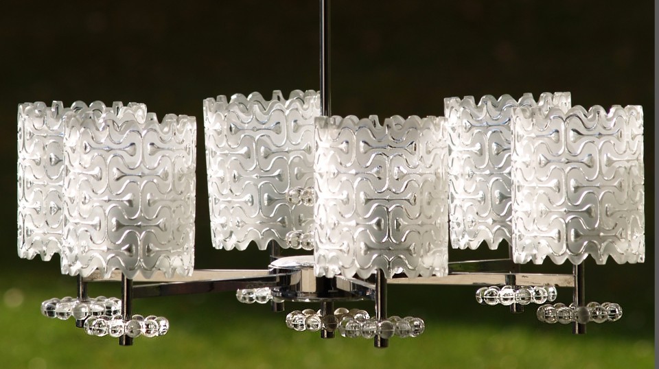 Kronleuchter 60er 70er-Jahre Kalmar Chrom Glas Hängelampe Retro Original